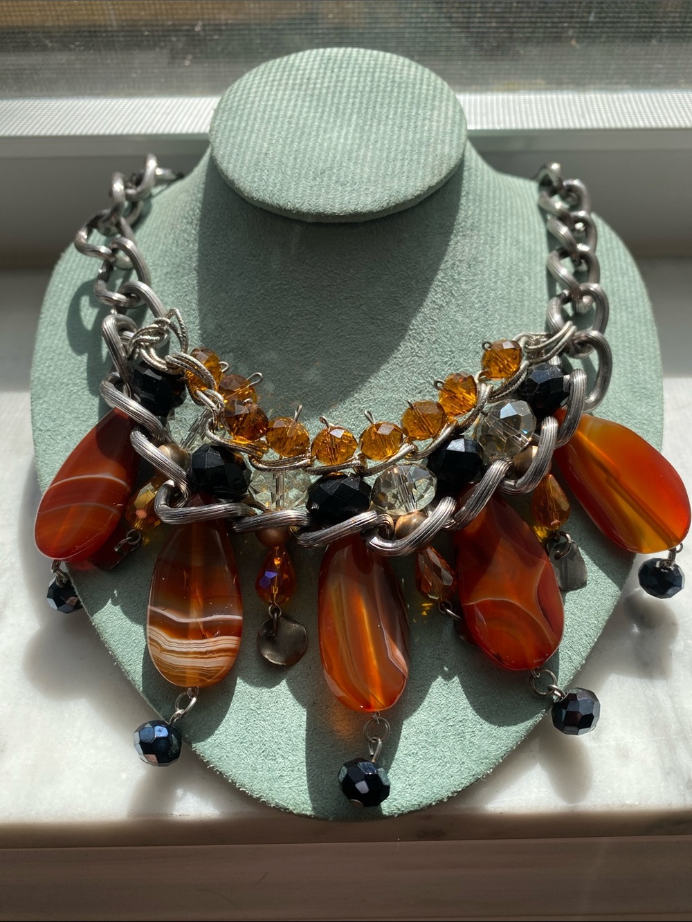 Statement Brown Agate Teardrop Charm Beaded Chunky Chain Necklace -